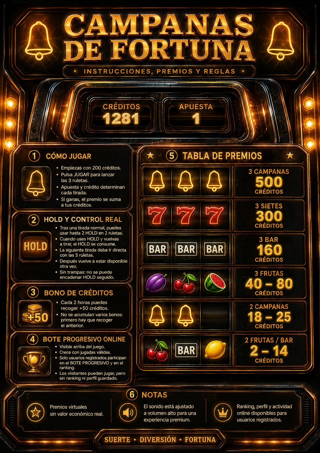 Campanas de Fortuna: instrucciones, premios y reglas