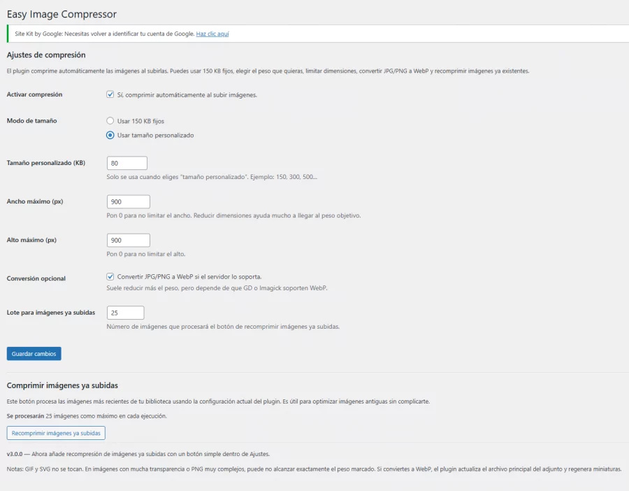 Easy imagen compresor WordPress comprimir fotos